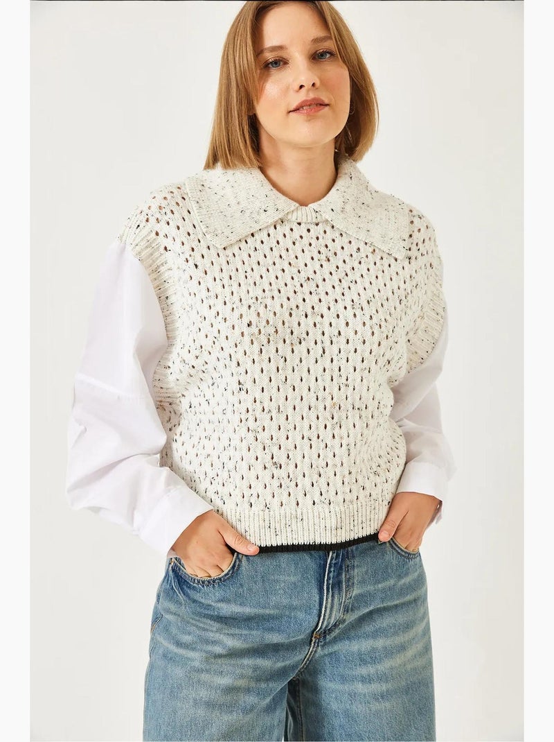 Maglione in maglia traforata con colletto a camicia lucci Beige argilla - Kiabi