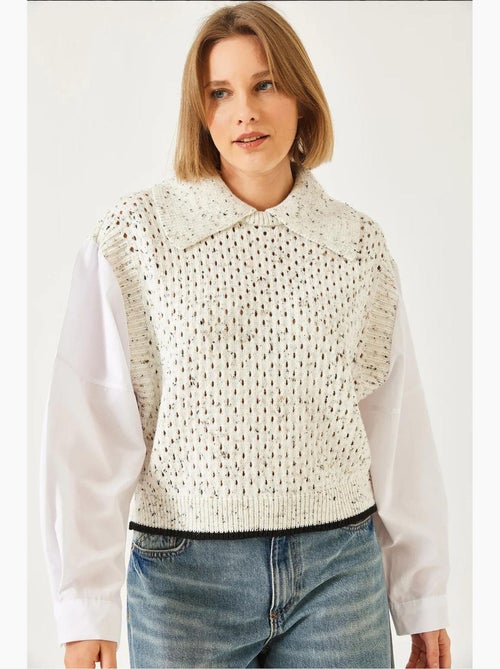 Maglione in maglia traforata con colletto a camicia lucci - Kiabi Maglione in maglia traforata con colletto a camicia lucci - Kiabi