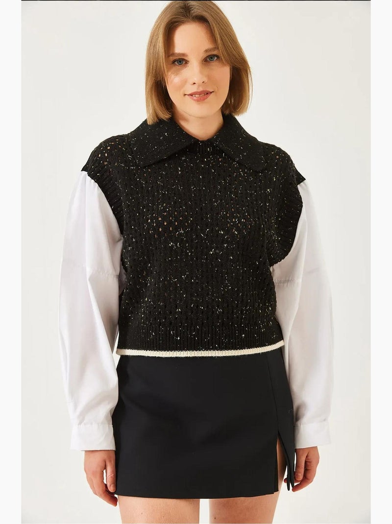 Maglione in maglia traforata con colletto a camicia lucci Nero - Kiabi