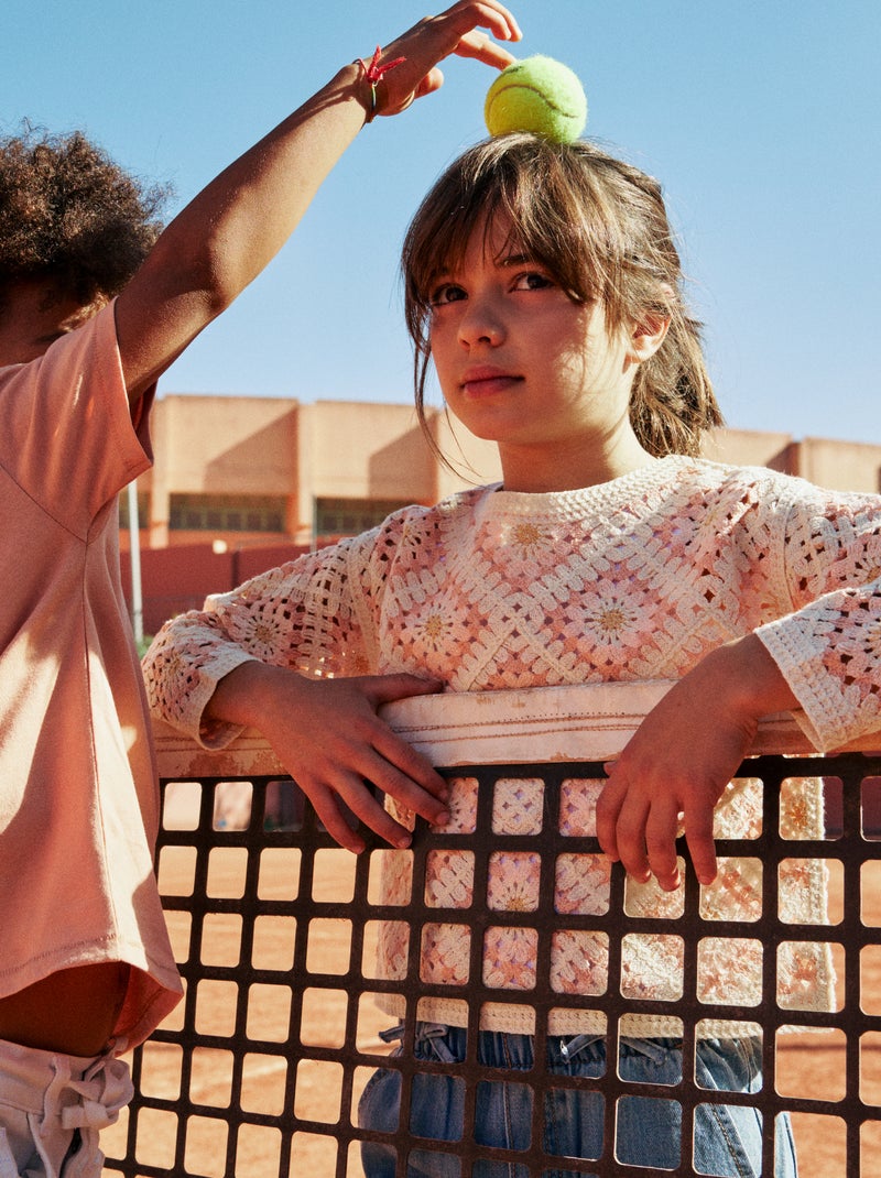Maglione in maglia traforata con ricami floreali Rosa - Kiabi