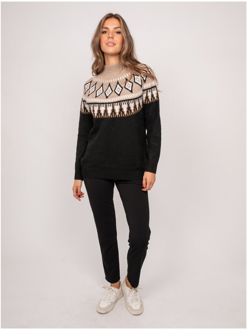 Maglione jacquard a collo alto con motivo norvegese katana Nero - Kiabi