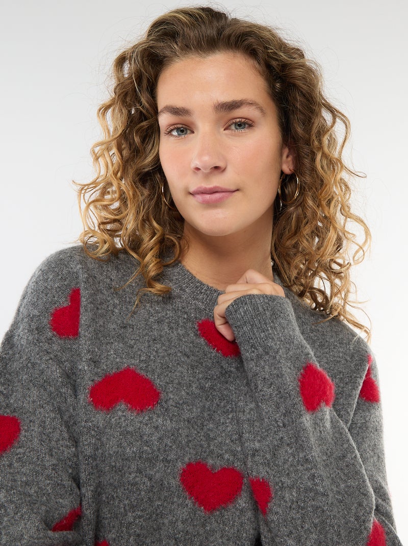 Maglione jacquard con cuori Grigio - Kiabi