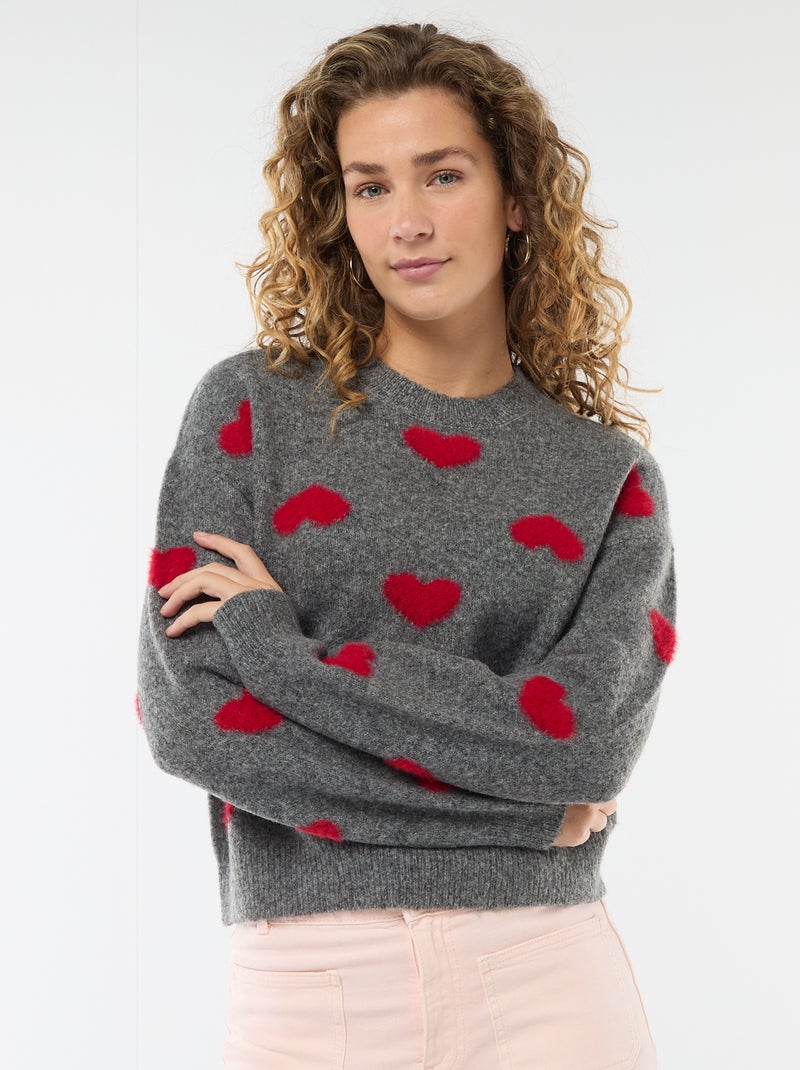 Maglione jacquard con cuori Grigio - Kiabi