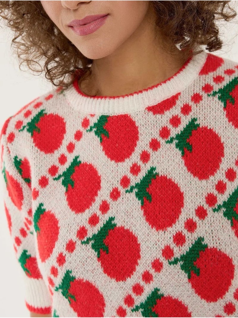 Maglione lavorato a maglia a maniche corte con fantasia Rosso - Kiabi