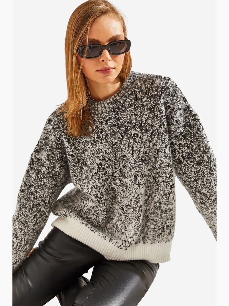 Maglione lavorato a maglia con dettagli in pietra perla lucci Nero Bianco - Kiabi
