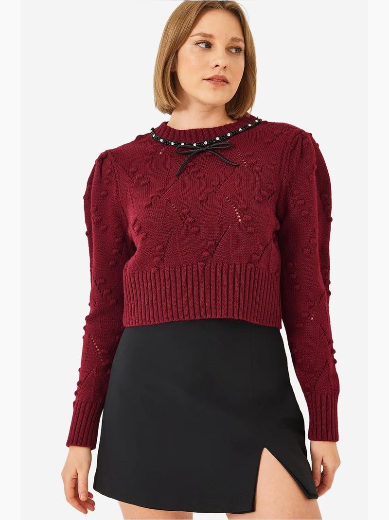 Maglione lavorato a maglia con fiocco di perline lucci Rosso bordeaux - Kiabi