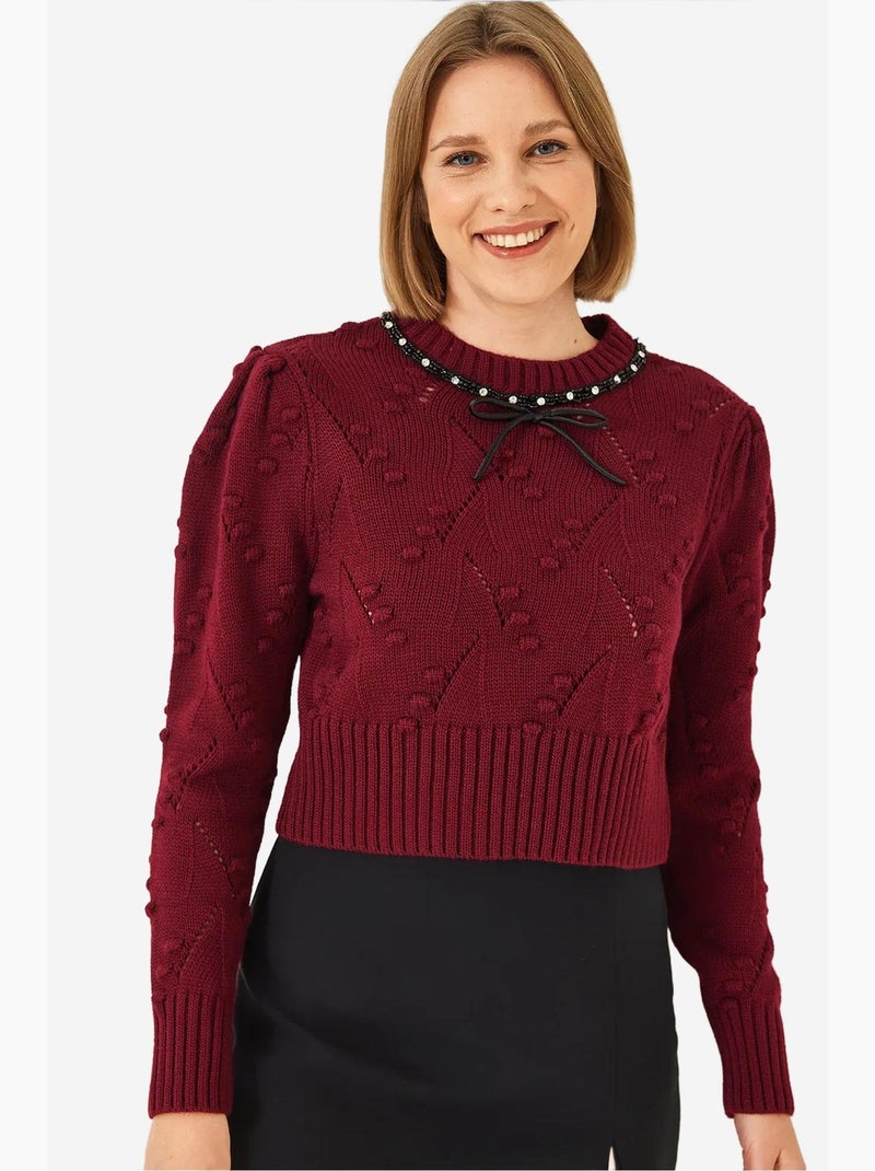 Maglione lavorato a maglia con fiocco di perline lucci Rosso bordeaux - Kiabi