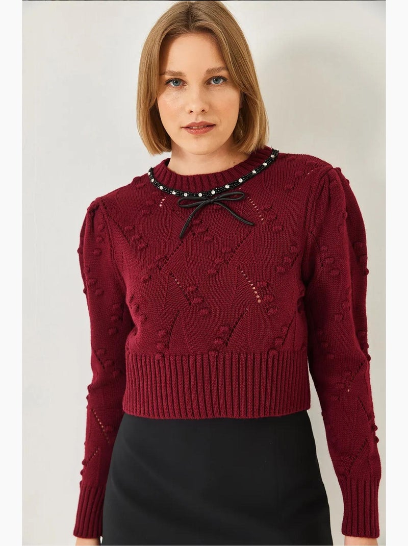 Maglione lavorato a maglia con fiocco di perline lucci Rosso bordeaux - Kiabi