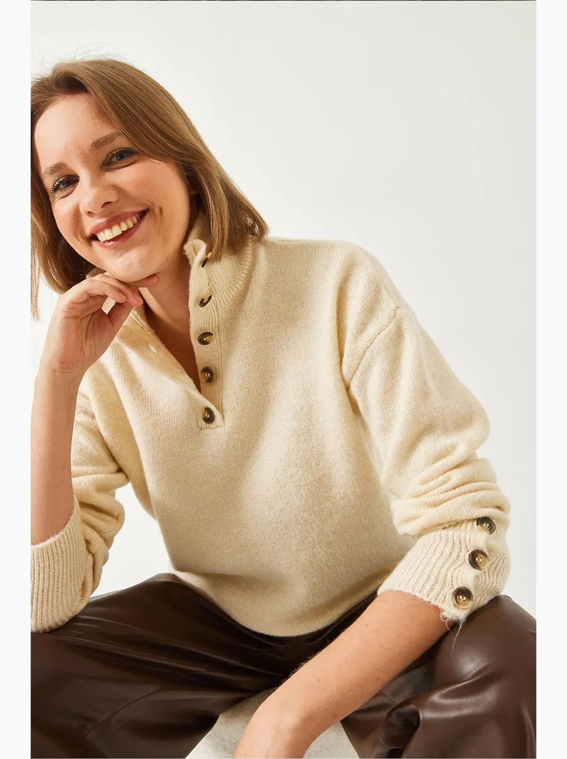 Maglione lavorato a maglia con maniche a bottone lucci Beige argilla - Kiabi