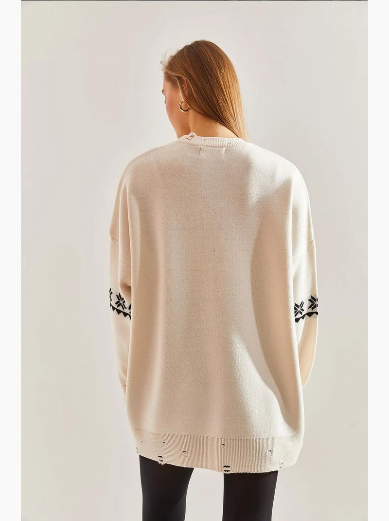 Maglione lavorato a maglia con motivo coniglio e strappi lucci Beige argilla - Kiabi