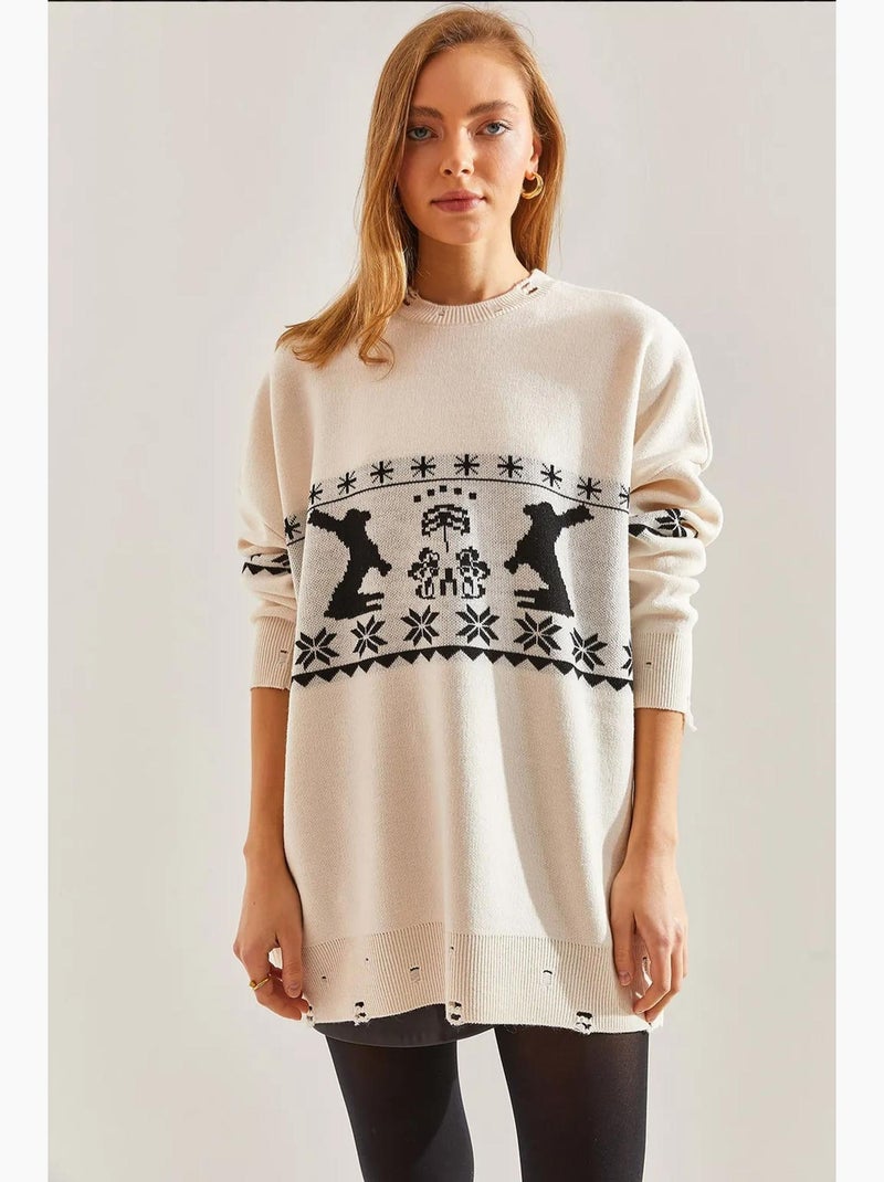 Maglione lavorato a maglia con motivo coniglio e strappi lucci Beige argilla - Kiabi