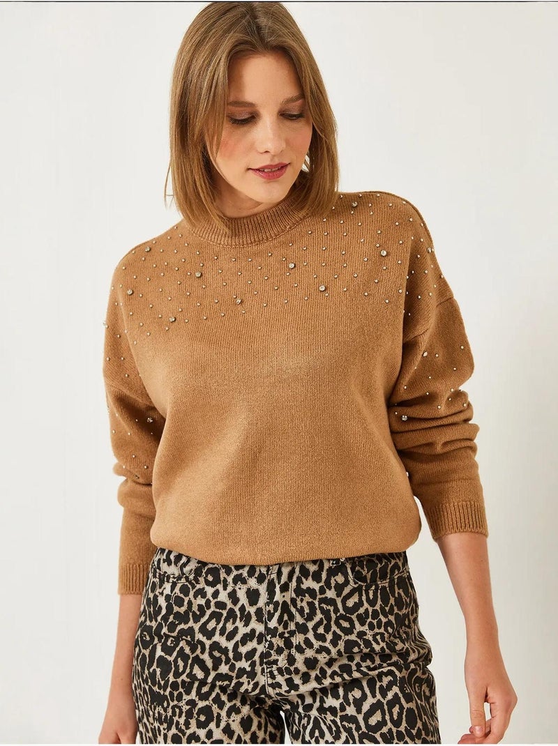 Maglione lavorato a maglia con pietre decorate lucci Cammello - Kiabi