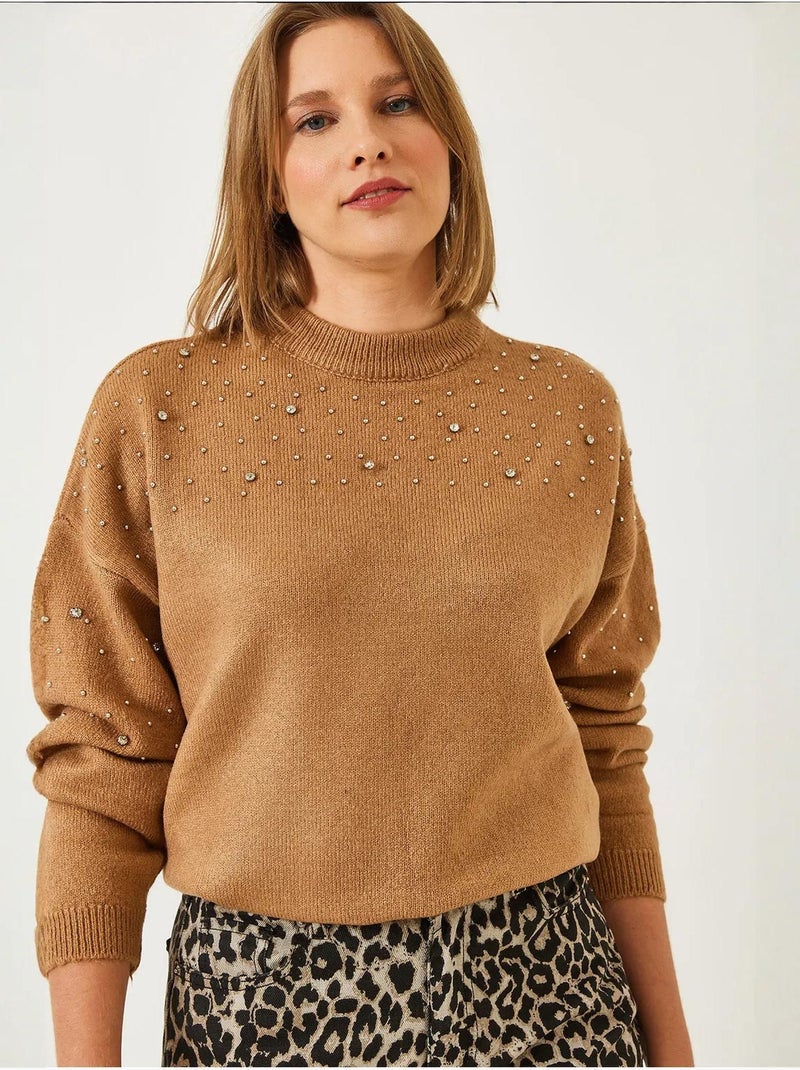 Maglione lavorato a maglia con pietre decorate lucci Cammello - Kiabi