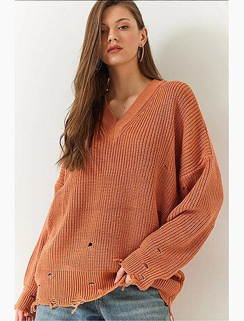 Maglione lavorato a maglia con scollo a v e motivo effetto consumato lucci