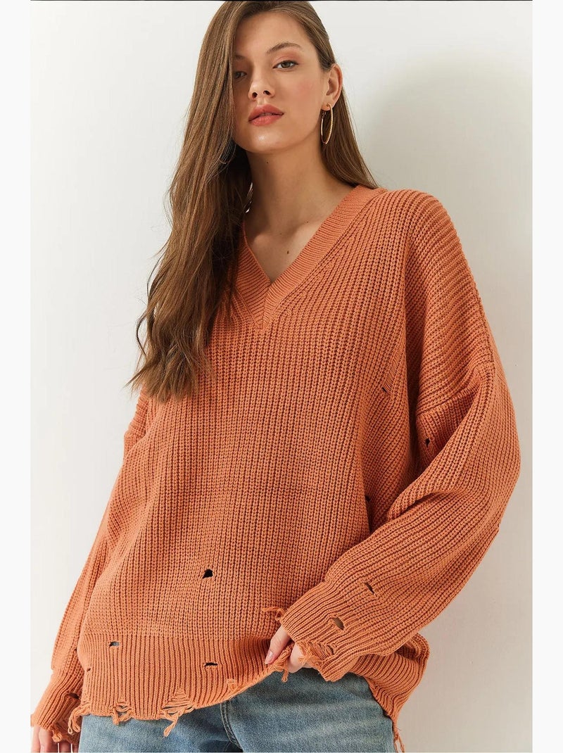 Maglione lavorato a maglia con scollo a v e motivo effetto consumato lucci Terracotta - Kiabi