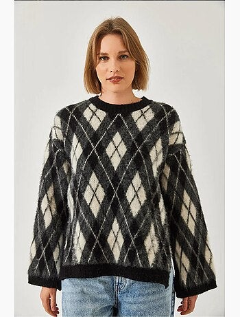 Maglione lavorato a maglia con spacchi e motivo a rombi in pile lucci
