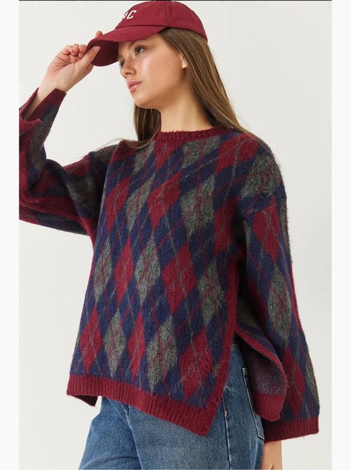 Maglione lavorato a maglia con spacchi e motivo a rombi in pile lucci - Kiabi