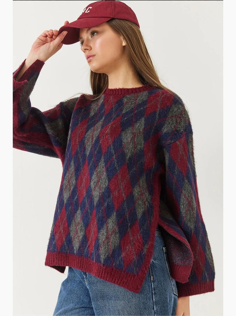 Maglione lavorato a maglia con spacchi e motivo a rombi in pile lucci Rosso - Kiabi