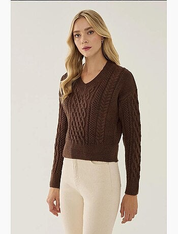 Maglione lavorato a maglia con treccia per capelli a scollo a v hiccup