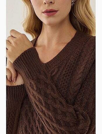 Maglione lavorato a maglia con treccia per capelli a scollo a v hiccup