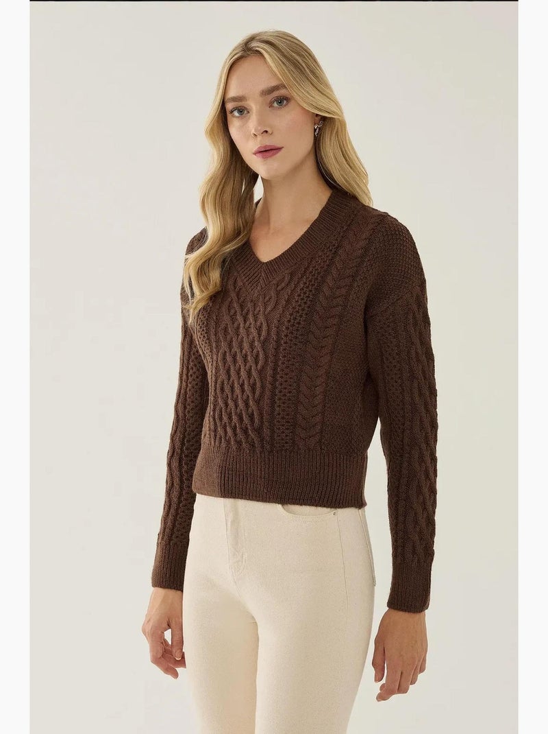 Maglione lavorato a maglia con treccia per capelli a scollo a v hiccup Marrone - Kiabi