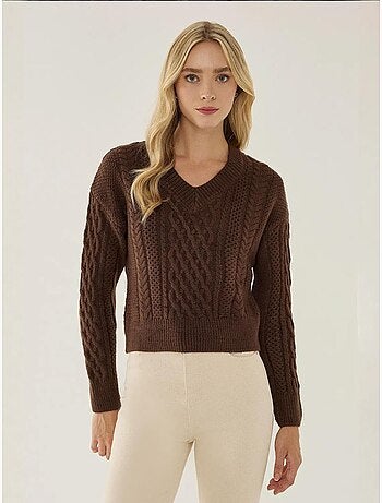 Maglione lavorato a maglia con treccia per capelli a scollo a V