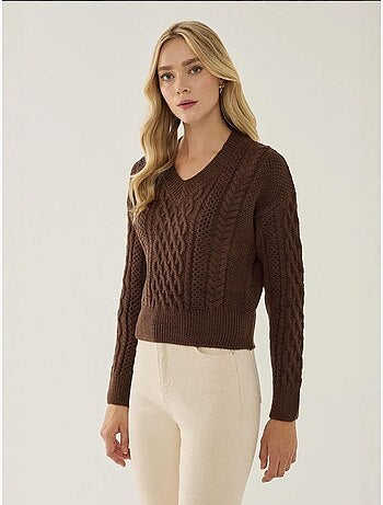 Maglione lavorato a maglia con treccia per capelli a scollo a V
