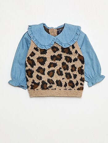 Maglione leopardato con colletto Claudine a volant
