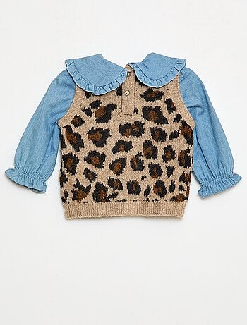 Maglione leopardato con colletto Claudine a volant