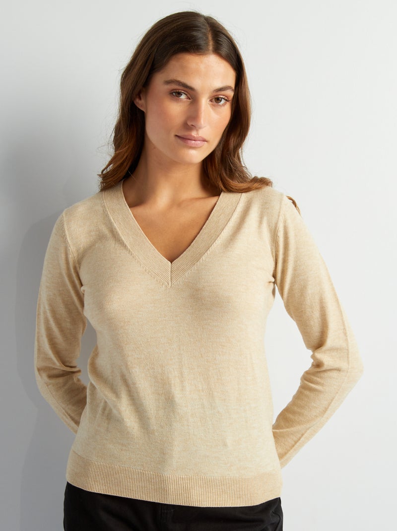 Maglione maniche lunghe scollo a V BEIGE - Kiabi