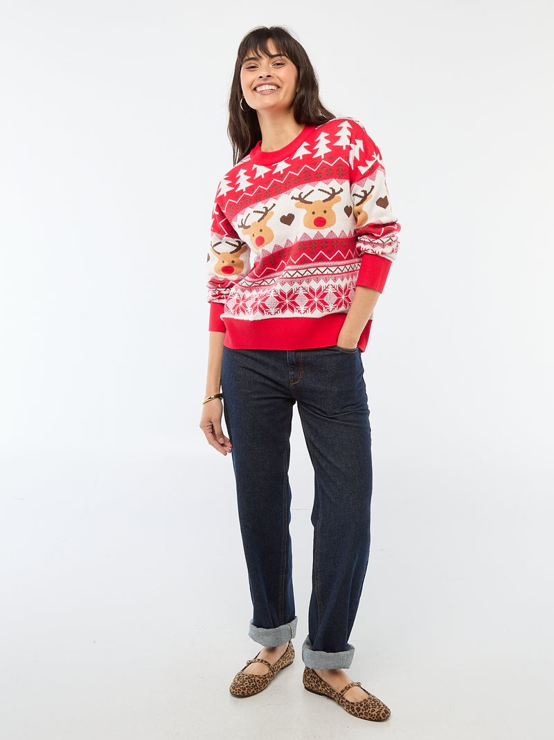 Maglione natalizio in jacquard 'renna' Rosso - Kiabi