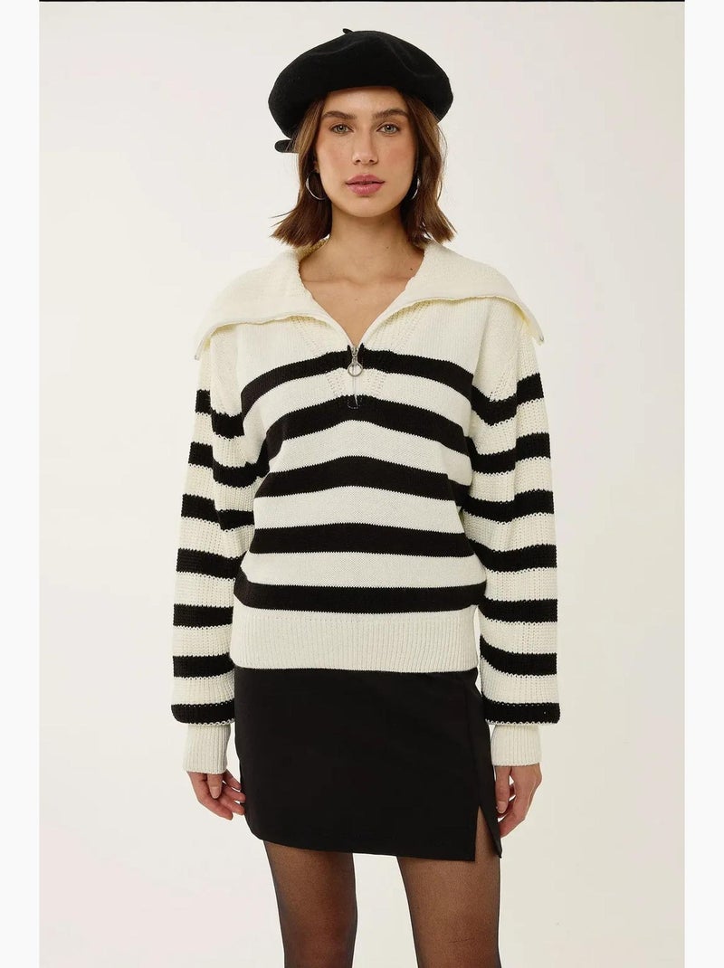 Maglione oversize a righe con cerniera hiccup Bianco - Kiabi
