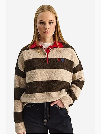 Maglione oversize a righe con colletto polo e ricamo lucci