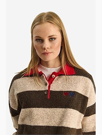 Maglione oversize a righe con colletto polo e ricamo lucci