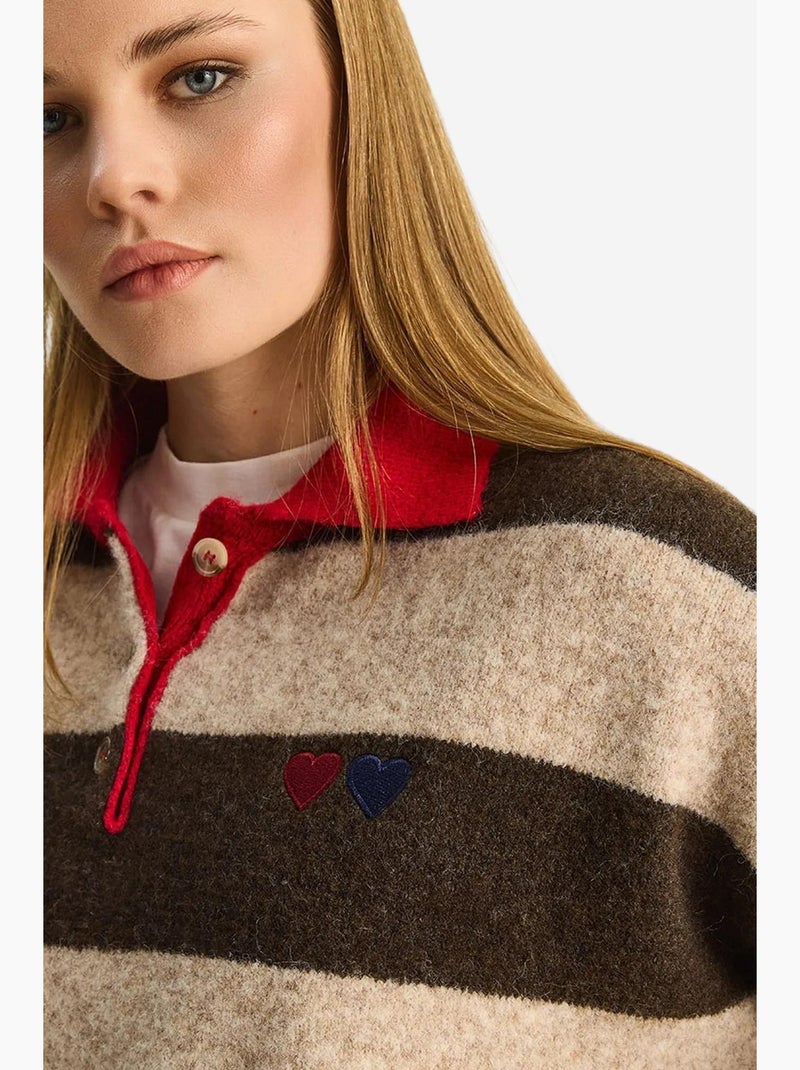 Maglione oversize a righe con colletto polo e ricamo lucci Marrone - Kiabi