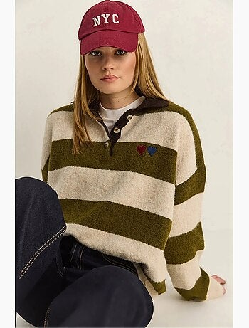 Maglione oversize a righe con colletto polo e ricamo lucci