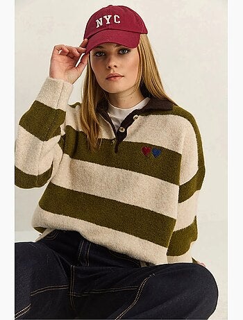 Maglione oversize a righe con colletto polo e ricamo lucci