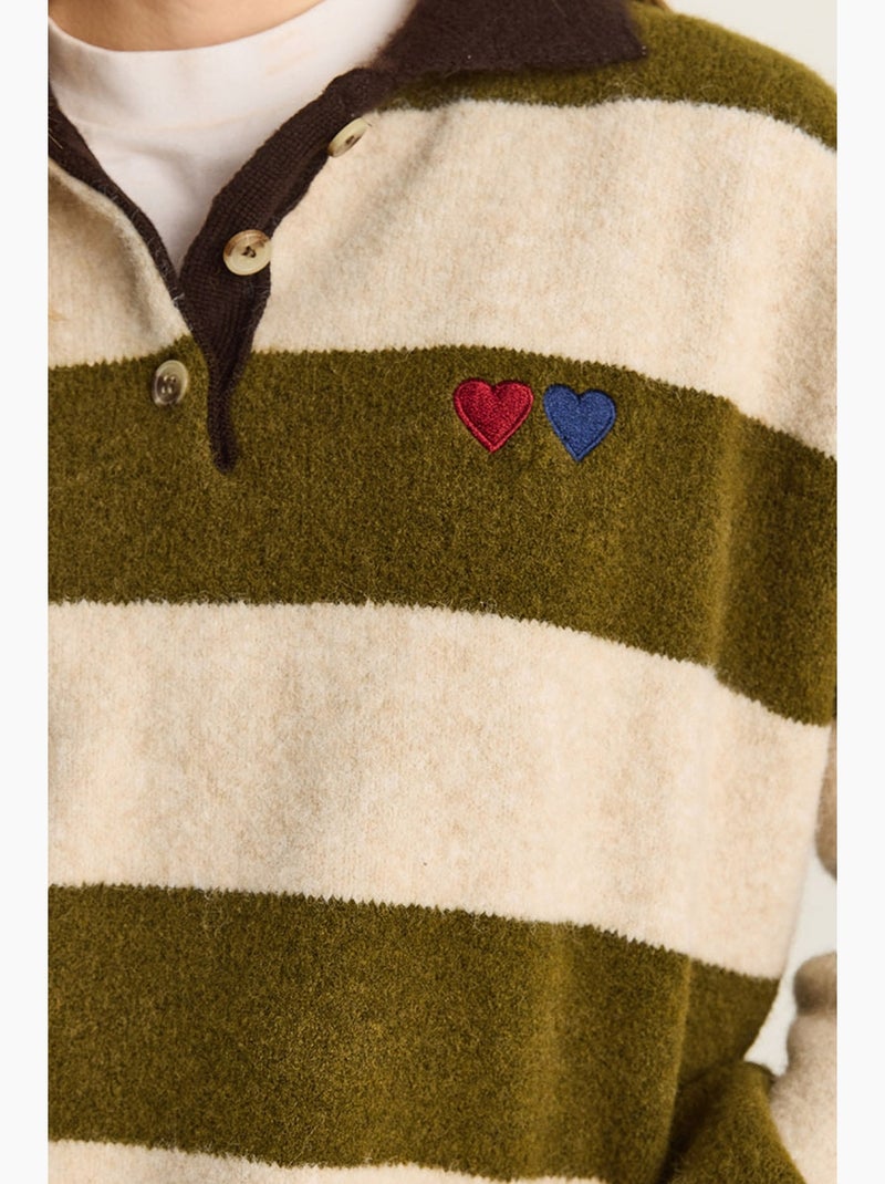Maglione oversize a righe con colletto polo e ricamo lucci Verde oliva - Kiabi