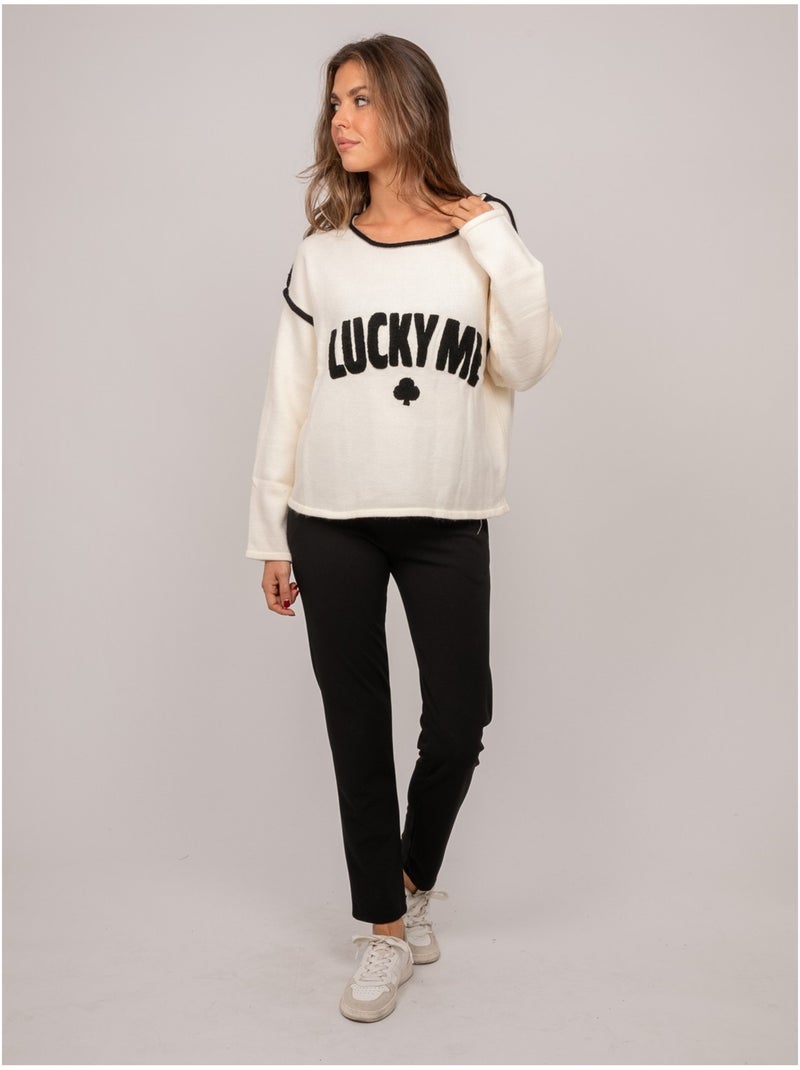 Maglione oversize con scritta ricamata "lucky me" kevisse Bianco - Kiabi