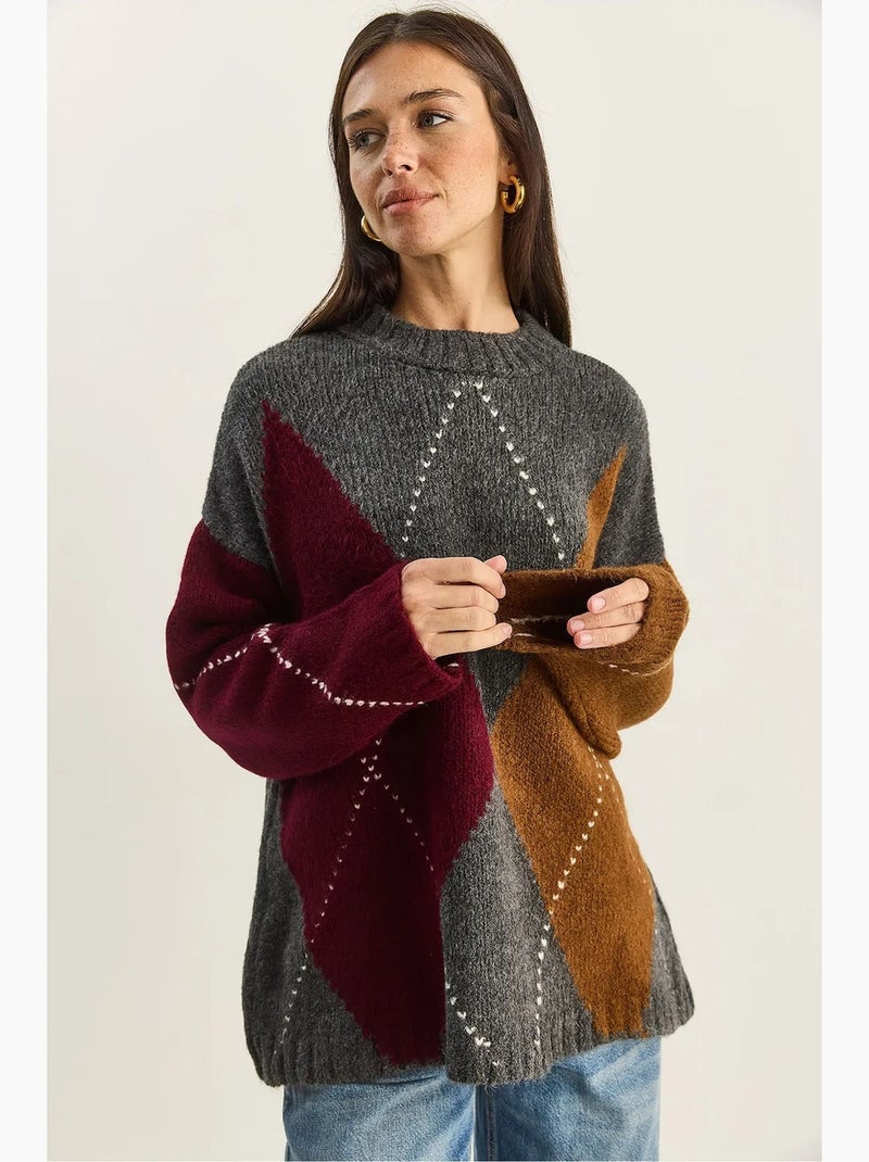 Maglione oversize in maglia con motivo a rombi lucci Grigio marrone - Kiabi