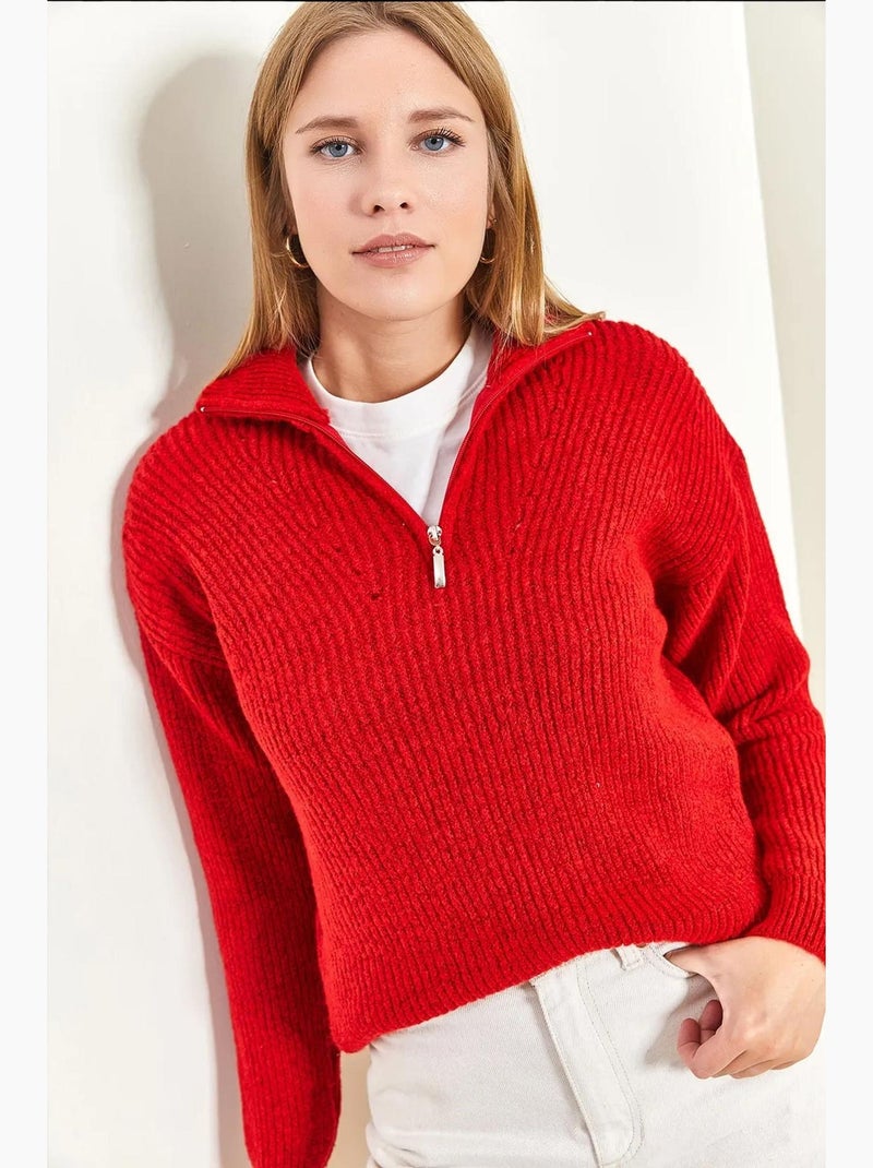 Maglione oversize in maglia testurizzata con collo con zip lucci Rosso - Kiabi