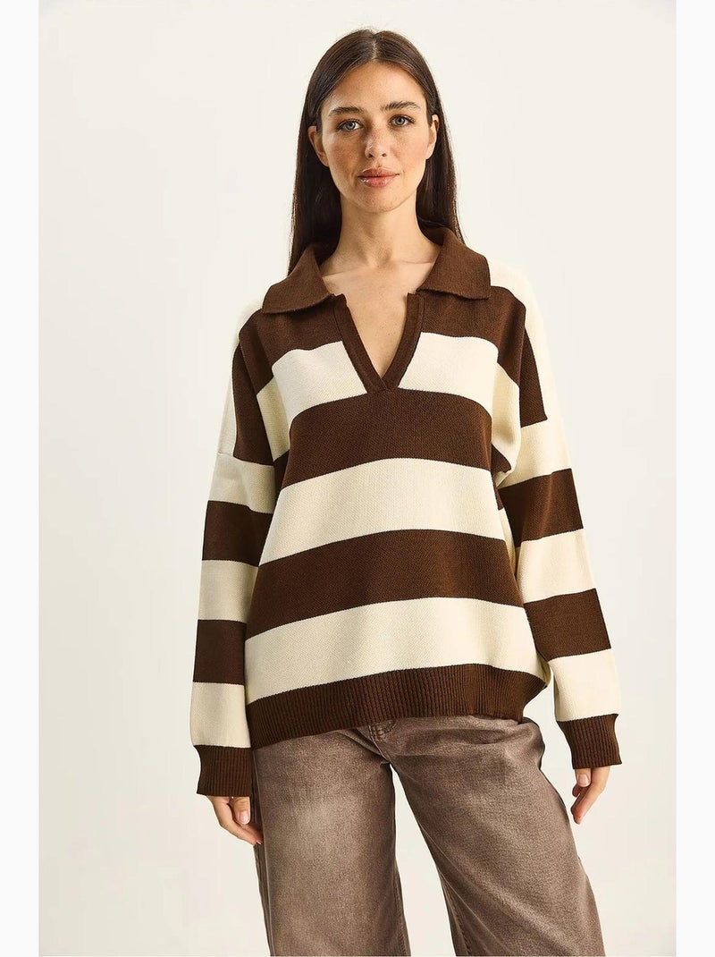 Maglione pullover a righe con scollo a v e maniche lunghe lucci Marrone - Kiabi