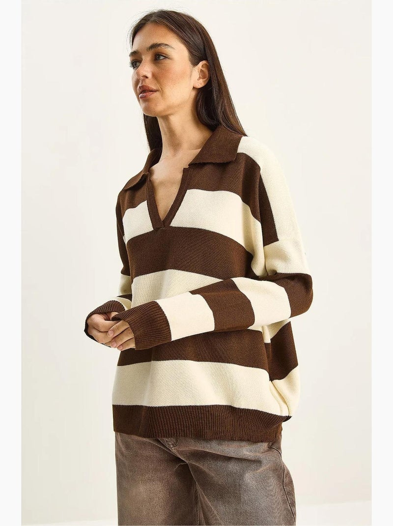 Maglione pullover a righe con scollo a v e maniche lunghe lucci Marrone - Kiabi