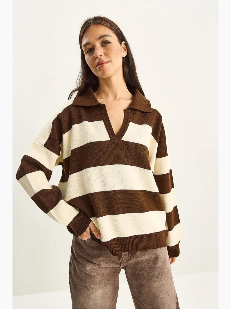 Maglione pullover a righe con scollo a v e maniche lunghe lucci Marrone - Kiabi