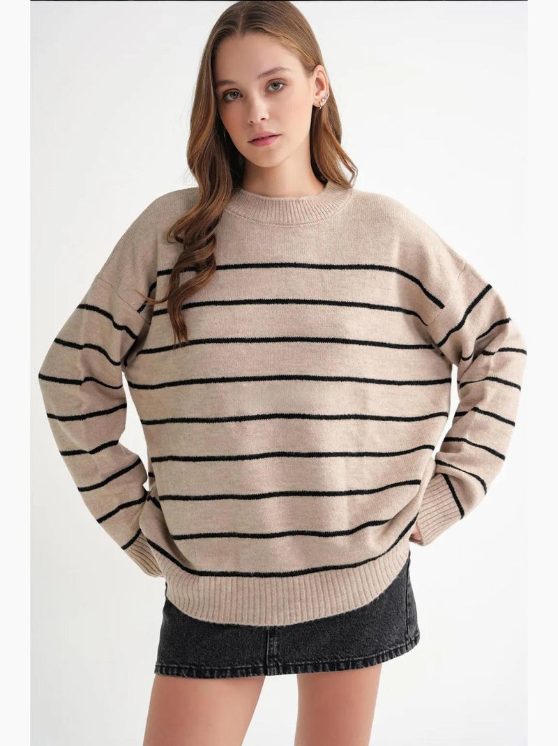 Maglione pullover in maglia relaxed a righe con girocollo mixray Beige argilla - Kiabi