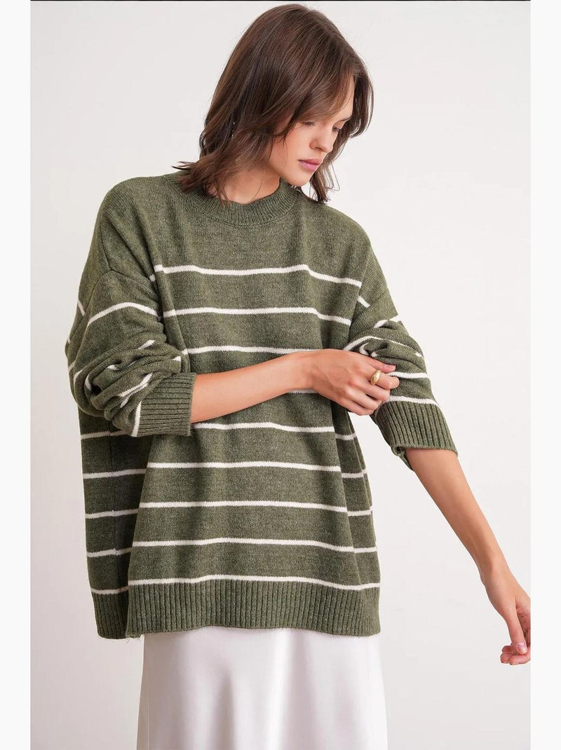 Maglione pullover in maglia relaxed a righe con girocollo mixray Cachi - Kiabi
