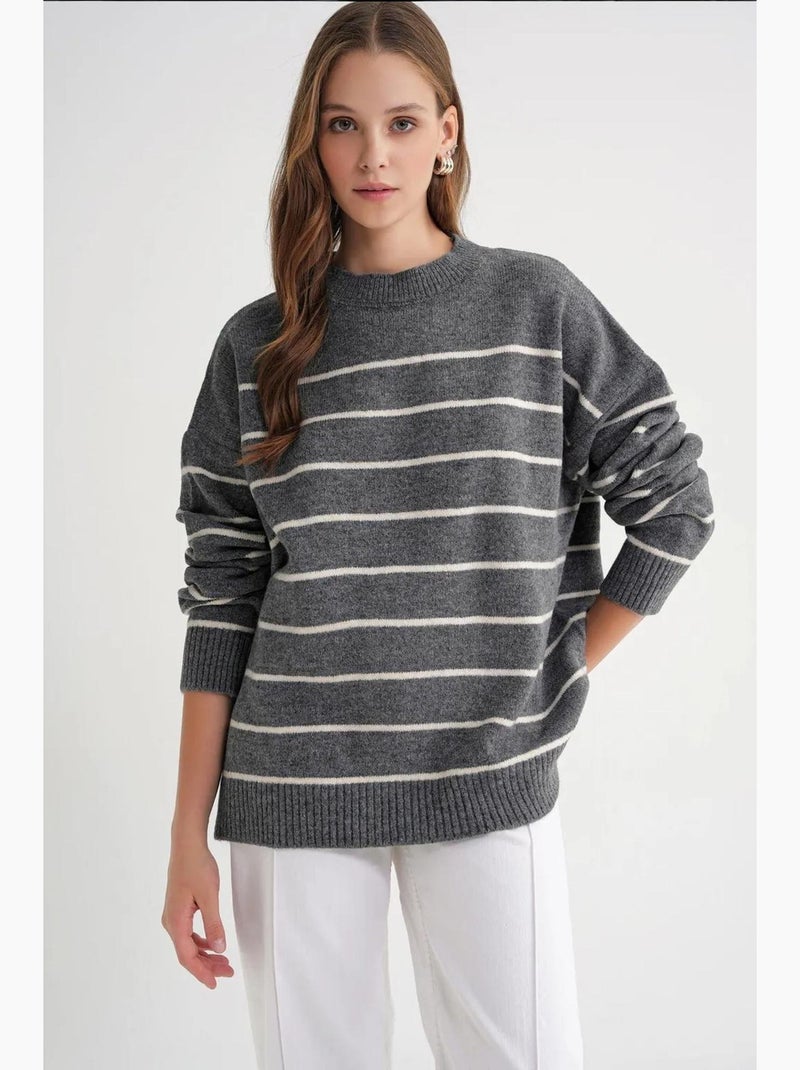 Maglione pullover in maglia relaxed a righe con girocollo mixray Grigio scuro - Kiabi