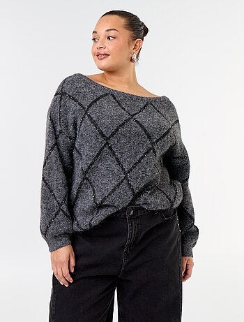 Maglione scollo a barca con motivo argyle e strass
