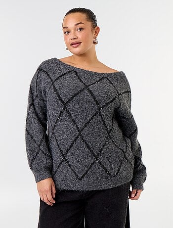 Maglione scollo a barca con motivo argyle e strass