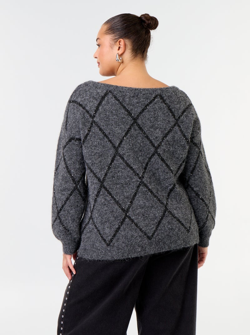 Maglione scollo a barca con motivo argyle e strass Grigio - Kiabi